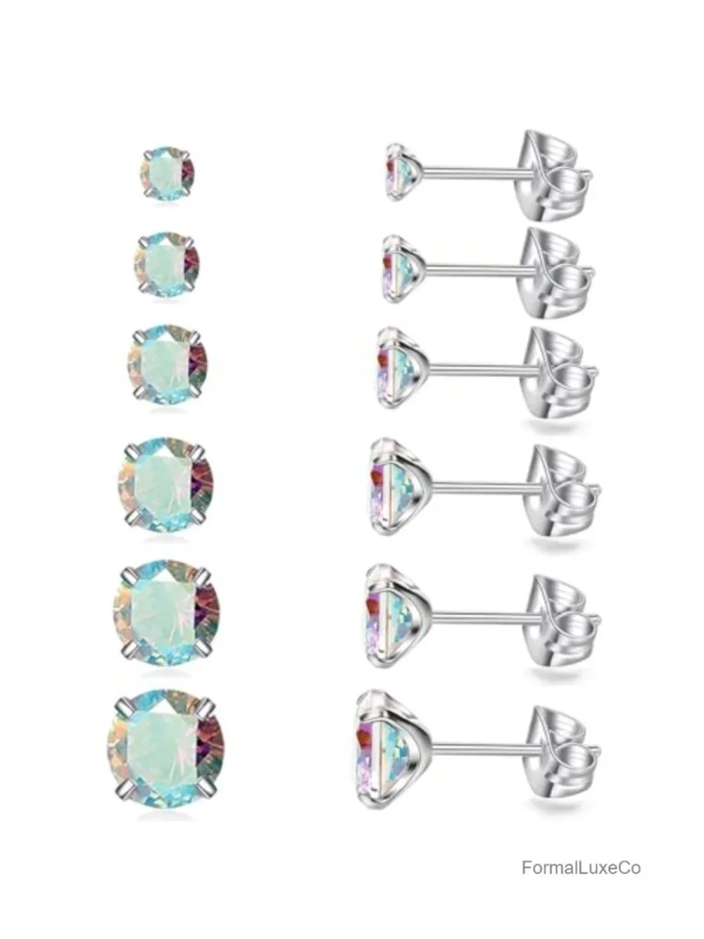 6 Pairs CZ Stud Earrings Set 316L Surgical Steel Hypoallergenic 3-8mm